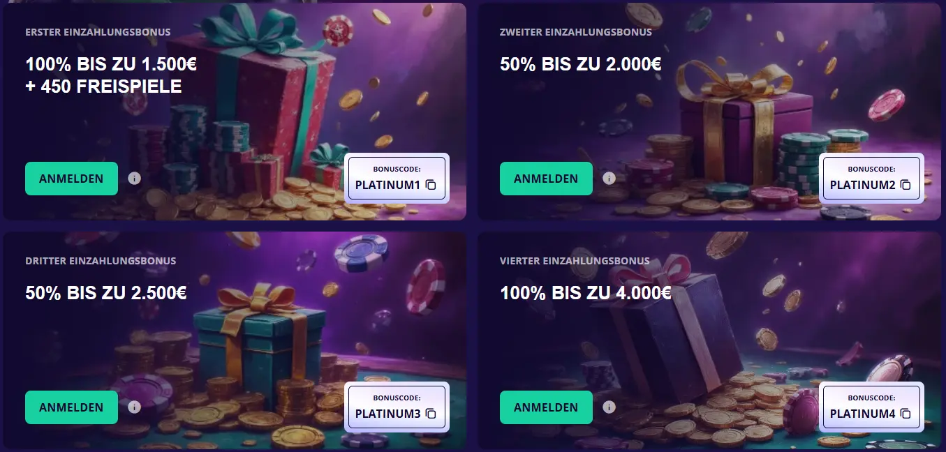 Bonusübersicht im Platin Casino mit Umsatzbedingungen
